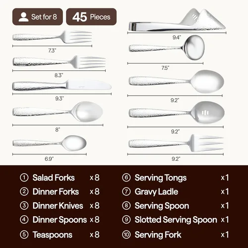 Miniatura 4 de Luciella Ponza - Juego de cubiertos de 45 piezas de acero inoxidable con utensilios para servir para 8 personas, diseño martillado atemporal