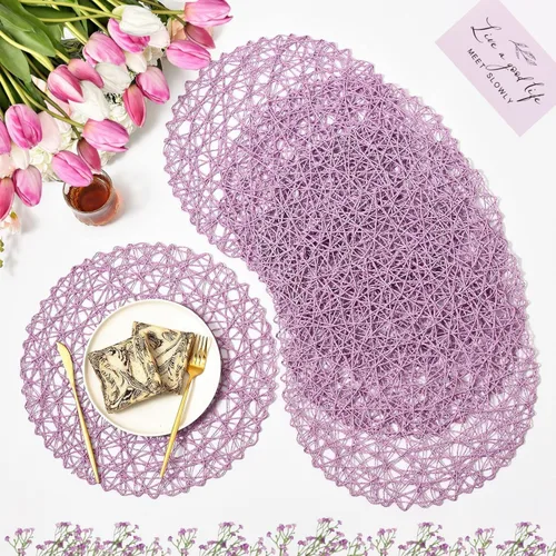 Miniatura 10 de IcosaMro Juego de 6 manteles individuales redondos color beige para mesa de comedor, de 15 pulgadas, tejido de papel, manteles individuales