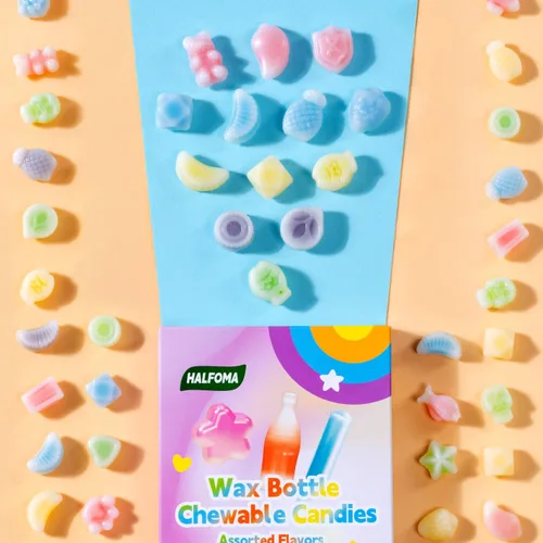 Miniatura 3 de Halfoma Botella de cera de caramelo masticable, con varios jarabes con sabor a fruta en el medio, en caja, 2.05 oz, 32 caramelos
