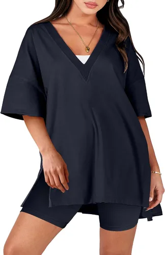 ANRABESS Conjunto de 2 piezas para mujer, camiseta reversible de gran tamaño, pantalones cortos de motociclista, pantalones cortos de entrenamiento,