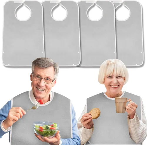 Miniatura 8 de Paquete de 4 baberos de tela de rizo para adultos con atrapamigajas, baberos para adultos lavables y ajustables, unisex, para hombres, mujeres