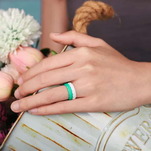 Miniatura 84 de Egnaro Anillos de boda de silicona para ella, conjuntos de novia de goma para mujer, bandas finas, diseño trenzado de hojas apilables con ranuras