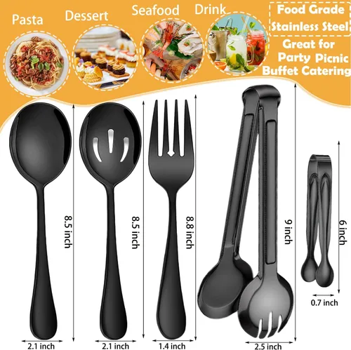 Miniatura 2 de 10 utensilios de acero inoxidable para servir, grandes cucharas ranuradas, tenedores de servir, pinzas para servir, pinzas para azúcar, juego