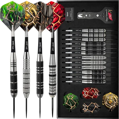 Miniatura 9 de IgnatGames Juego de puntas de metal para dardos – Paquete de 12 dardos de punta de acero con 32 vuelos GlideXPro, empuñaduras de barril multizona