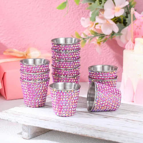 Miniatura 3 de Tioncy Paquete de 12 vasos de chupito de San Valentín de 1 onza de acero inoxidable con diamantes de imitación de acero inoxidable, vasos pequeños