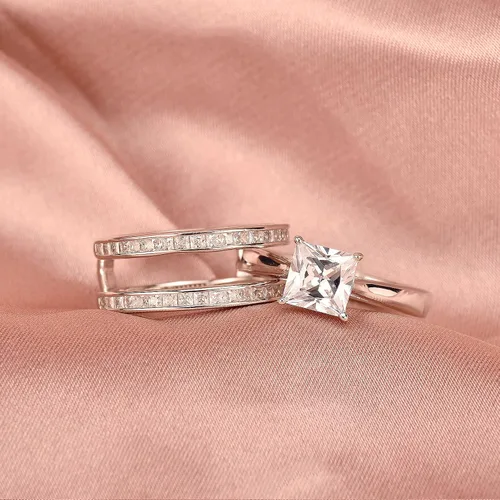 Miniatura 4 de Wuziwen Juego de anillos de novia de princesa para mujer, alianza de boda, realzadores de plata de ley con circonita cúbica, talla 4-13, Piedra