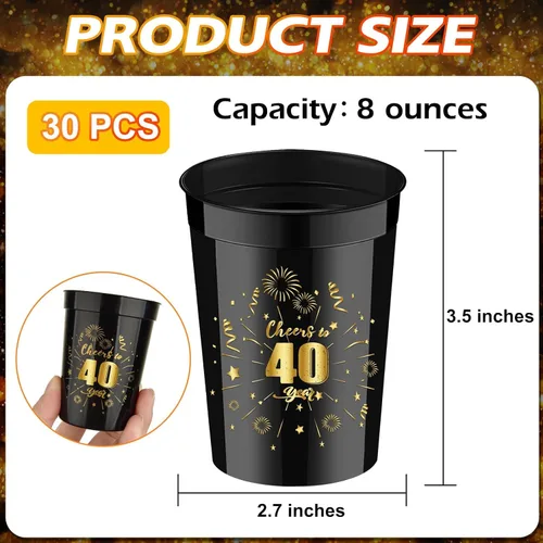 Miniatura 2 de Mototo 30 tazas pequeñas de cumpleaños de 8 onzas con texto en inglés «Cheer to 40 años», vasos de plástico para estadios de cumpleaños, color negro