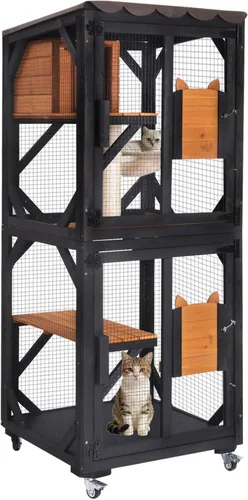 Miniatura 13 de Cat Catio - Recintos para gatos al aire libre, casa móvil para gatos con ruedas de ejercicio, jaula para gatos con caja de descanso mejorada, Gris