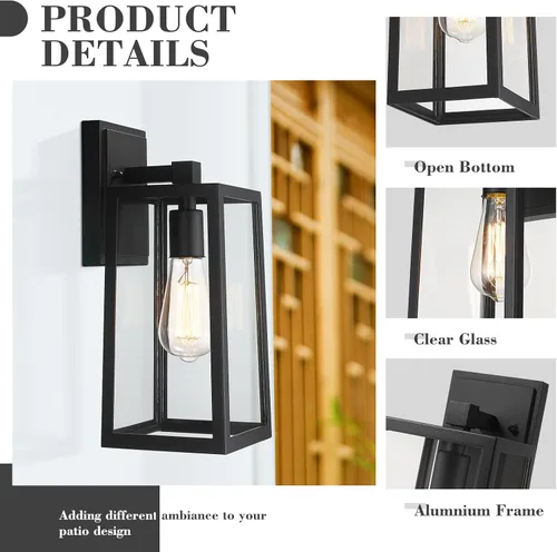 Miniatura 4 de Emliviar WE212B BK - Farol de pared para exteriores, 13.8 pulgadas, 1 luz exterior para porche en acabado negro con vidrio transparente, WE212B BK