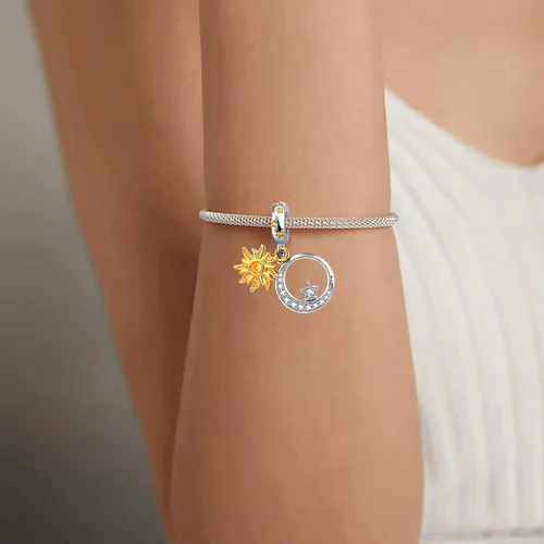 Miniatura 6 de Amuleto celestial de oro con forma de estrella y luna para pulsera Pandora, Metal, Base