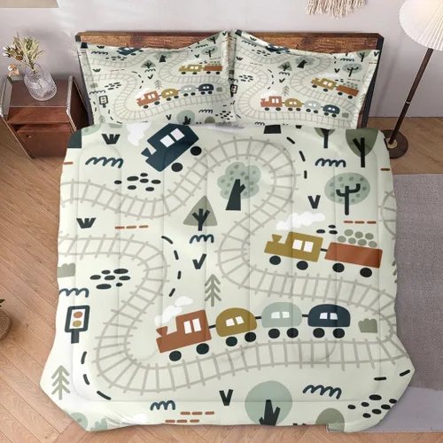 Miniatura 6 de Juego de edredón con funda de almohada tamaño individual, diseño de coche de dibujos animados, tren, mapa de carretera, decoración de cama linda