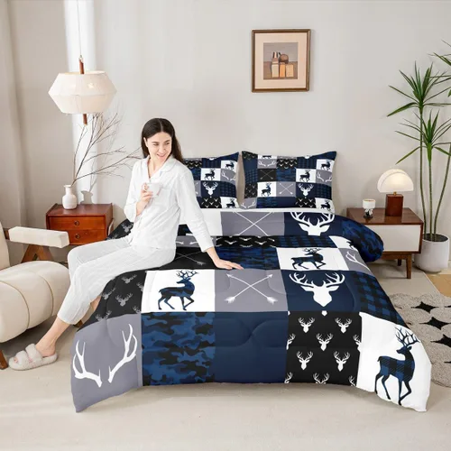 Miniatura 54 de Juego de edredón de cuernos de ciervo tamaño individual, juego de ropa de cama rústica de granja con huellas de oso y pinos para decoración
