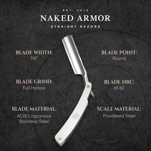 Miniatura 4 de Naked Armor Merlin - Maquinilla de afeitar recta de acero inoxidable japonés de punta redonda de 7/8 pulgadas para hombres con escala de acero