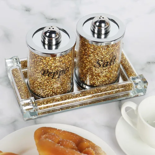 Miniatura 8 de Juego de saleros y pimenteros de cristal con bandeja, decoración de casa de diamantes triturados de cristal brillante para cocina, tarro de sal