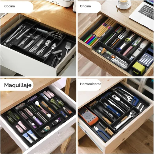 Miniatura 8 de ukeetap Organizador de cubiertos expandible extragrande, sin BPA, apto para alimentos, organizador de cajones de utensilios de cocina, soporte Negro