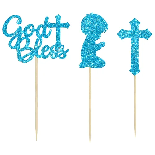 Miniatura 3 de Gyufise 24 piezas de decoración de cupcakes con purpurina azul que Dios bendiga y cruz, decoración de pastel para baby shower, bautismo, fiesta