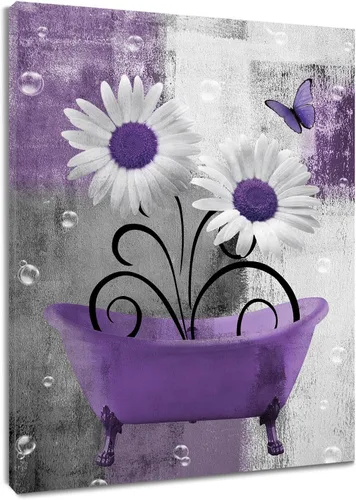 HVEST Arte de pared retro floral morado para sala de estar, casa de campo, margaritas y mariposas en lienzo geométrico abstracto, arte de pared