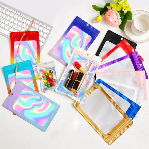 Miniatura 6 de Paquete de 100 bolsas de Mylar con ventana transparente, bolsas de almacenamiento de alimentos, a prueba de olores, embalaje de mano resistente a