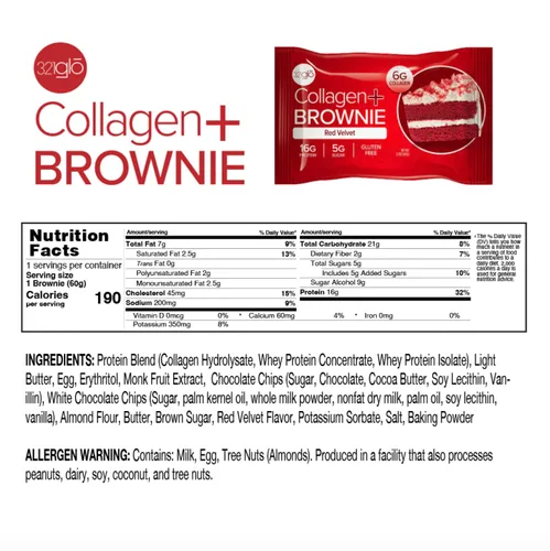 Miniatura 2 de 321glo Brownie de proteína de colágeno, sin gluten, bajo en azúcar, snack keto para mujeres, hombres y niños, 0.64 onzas de proteína, 0.26 onzas