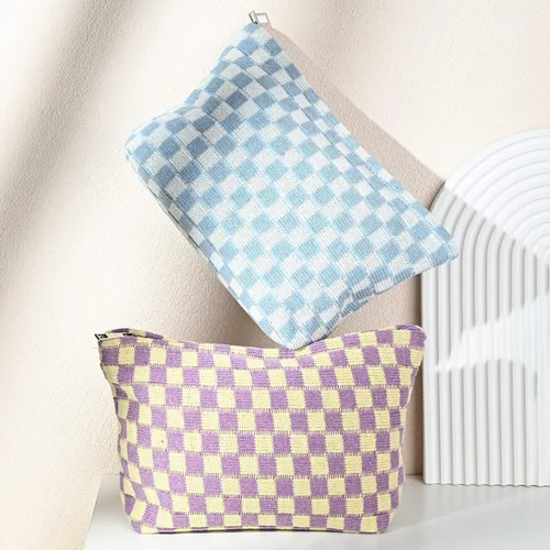 Miniatura 5 de SOIDRAM Bolsa de Maquillaje de 2 Piezas Bolsa de Cosméticos a Cuadros Grande Capacidad Bolsa de Viaje de Lona Organizadora de Artículos de Tocador