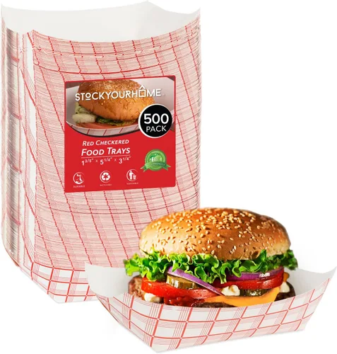 Miniatura 25 de Botes pequeños de papel para alimentos (paquete de 100) bandejas desechables de 1 libra a cuadros rojos y blancos, botes de comida ecológicos, botes