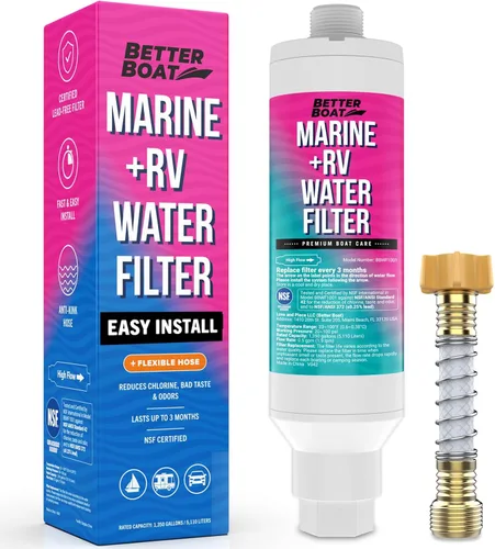 Better Boat Filtro de agua en línea para caravana, certificado NSF, grado marino, para manguera, campistas y jardín, incluye protector flexible