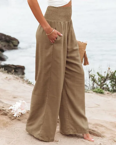 Miniatura 4 de Angerella Pantalones palazzo elásticos de cintura alta para mujer, estilo casual, pierna ancha, pantalones largos con bolsillo