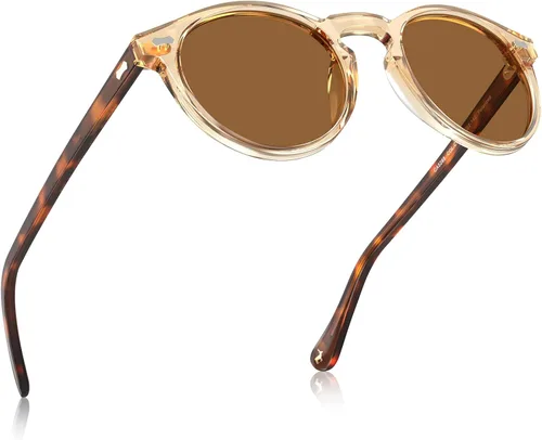 CARFIA Gafas de sol polarizadas de acetato redondo para mujer, protección UV de cara pequeña con funda de cuero CA5288