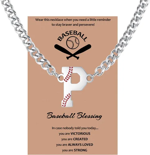 Miniatura 28 de QINJIEJIE Collar de béisbol inicial A-Z con letras, accesorios deportivos, colgante de encanto de béisbol, joyería de cadena de acero inoxidable 2-P