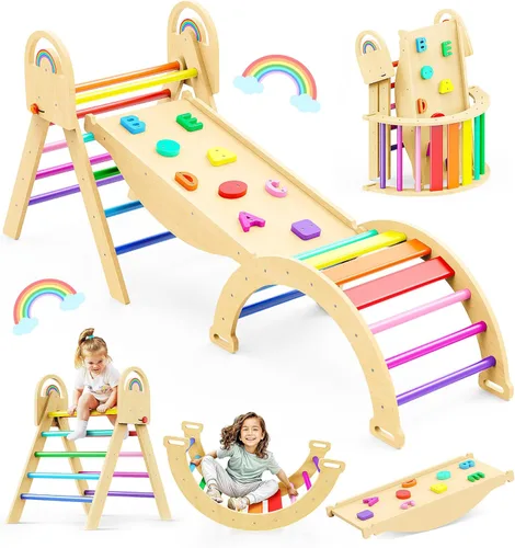 Miniatura 9 de Pikler - Juego de triángulos 11 en 1, juguete Montessori de escalada para niños pequeños, plegable de madera para interiores, gimnasio y escalador