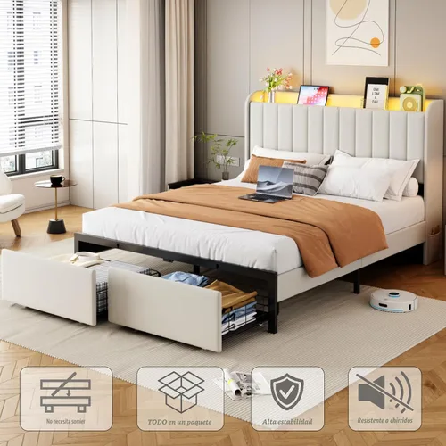 Miniatura 8 de Base de cama tamaño queen con cabecera de almacenamiento y 2 cajones, base de cama tapizada con luces LED y práctica estación de carga, no necesita