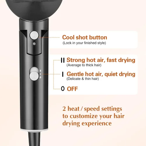 Miniatura 3 de Secador de pelo plegable pequeño de 1600 W, negro Secador compacto de secado rápido con concentrador y tiro frío