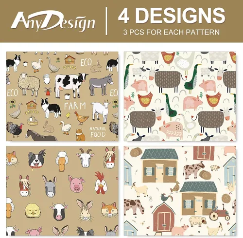Miniatura 3 de 12 hojas de papel de regalo de granja, no enrollado, papel de regalo con tema de animales de granja, plegado a granel, plano retro, caricatura