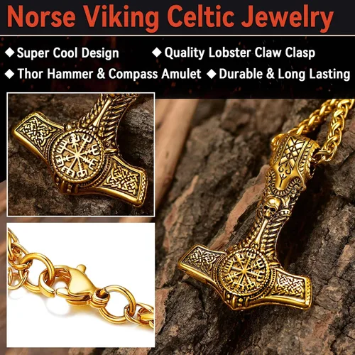 Miniatura 4 de FaithHeart Collar de martillo de Thor vikingo, acero inoxidable, plata de ley, amuleto Vegvisir Mjolnir con cadena de trigo resistente, Acero