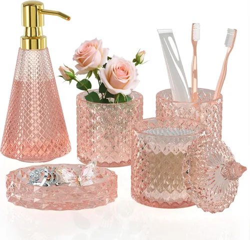 Miniatura 12 de Juego de accesorios de baño rosa intenso de vidrio 5 piezas, juego de baño rosa intenso, juego de dispensador de jabón y soporte para cepillo