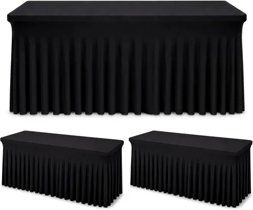 Miniatura 11 de Fixwal Paquete de 2 manteles de elastano negro para mesa rectangular de 4 pies, falda de mesa para fiesta, espectáculo, boda y cumpleaños