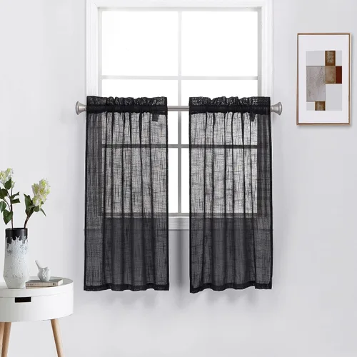 Miniatura 19 de Diamond Home Linens 2 paneles cortos con bolsillo para barra, filtrado de luz, de lino, texturizado, para ventanas pequeñas, 27 pulgadas de ancho x