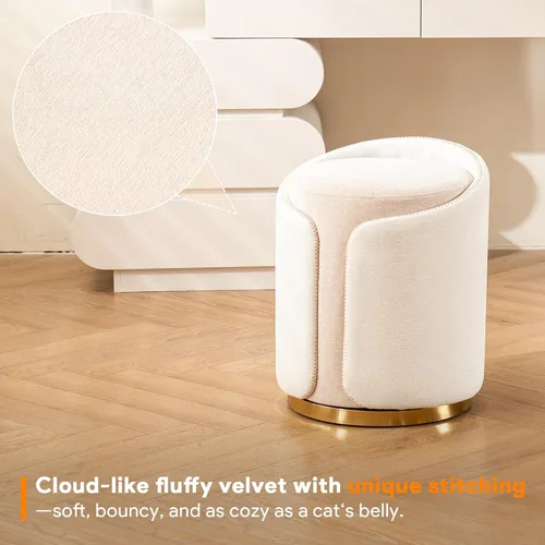 Miniatura 5 de Taburete Giratorio de Tocador con Base Dorada Cómoda Silla de Tocador Taburete Redondo Moderno para Tocador de Maquillaje Otomana de Tocador Beige