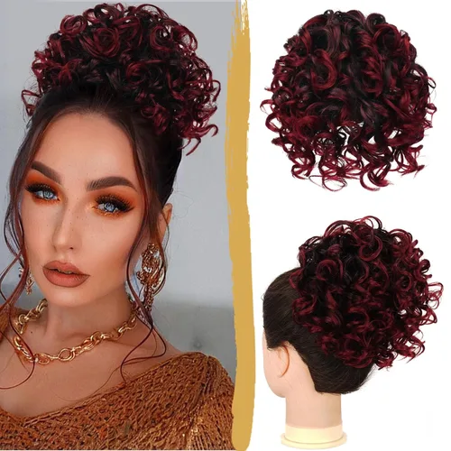 Miniatura 17 de PEACOCO Extensión de Cola de Caballo Corta y Rizada Moño Desordenado con Cordón Elástico Moño de Cabello Suelto para Mujeres con Cabello Delgado