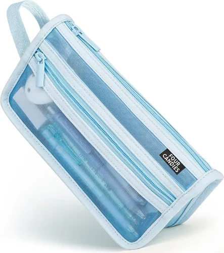 Miniatura 12 de Four Candies - Estuche de malla con asa y cremallera, de doble capa para lápices, maquillaje de viaje, bonita bolsa organizadora de papelería, Marrón