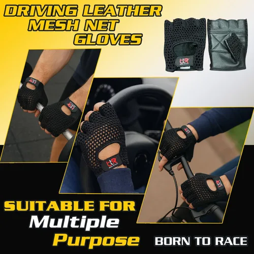 Miniatura 2 de Guantes de conducción de chófer de malla sin dedos, piel de vaca, palma de algodón, espalda de ganchillo, ciclismo, guantes para silla de ruedas