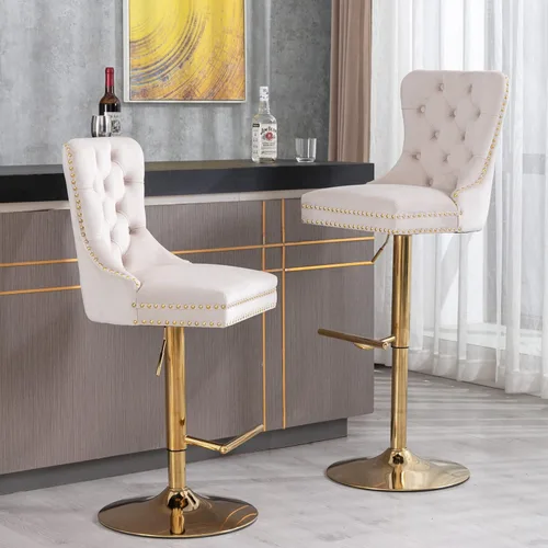 Miniatura 4 de Taburete de bar giratorio con respaldo copetudo, taburetes de bar ajustables en altura de mostrador, ribete de cabeza de clavo, silla de bar Beige +