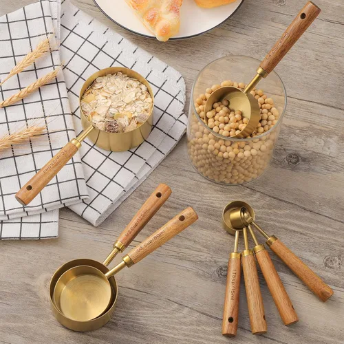 Miniatura 2 de Juego de tazas y cucharas medidoras Muchtolove de 8, taza medidora de acero inoxidable dorada con mango de madera, para Dorado