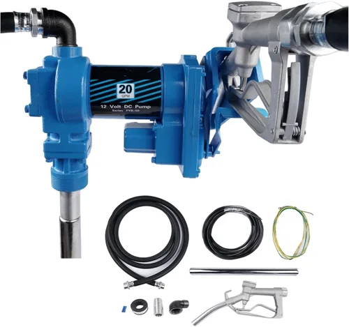 Bomba de transferencia de combustible de 20 GPM 12V azul con fusible de 50A, manguera de descarga y boquilla manual para transferencia de gasolina,