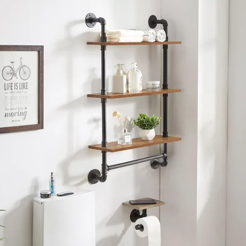 Miniatura 4 de IBUYKE Estante industrial para tubería, estantería de montaje en pared de 40.5 pulgadas, estante de pared de 3 niveles con toallero, estantes