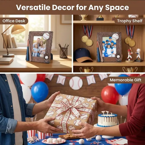 Miniatura 6 de Marco de fotos hecho a mano, marco deportivo de béisbol 3D, regalos de cumpleaños para hombres, mujeres, atletas, entrenadores, equipos (marrón)
