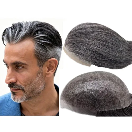 N.L.W. Peluquín de cabello humano para hombres, base de piel fina de 0.04mm PU, tamaño base 25 x 20 cm, nudos en V, prótesis capilar, sistema de