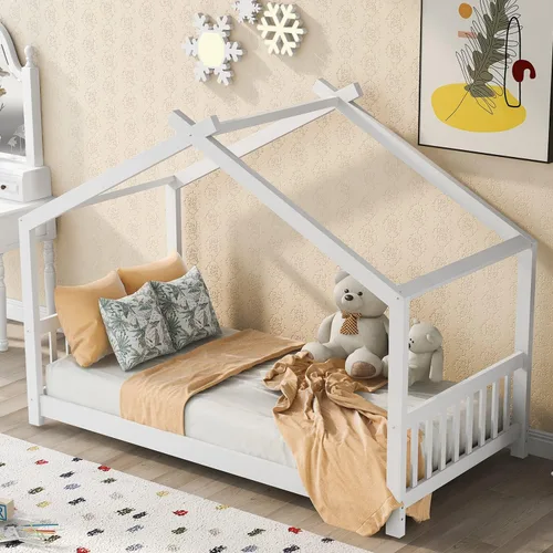 Miniatura 3 de Camas de madera Montessori tamaño individual, cama de plataforma para niños con cabecero y estribo, cama de tienda de campaña, no necesita somier