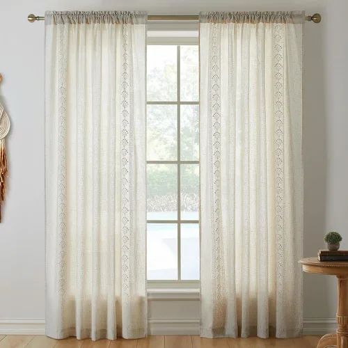 Miniatura 2 de Cortinas modernas de lino de 96 pulgadas de largo, 2 paneles de cortinas semitransparentes bordadas para sala de estar, cortinas filtrantes de luz