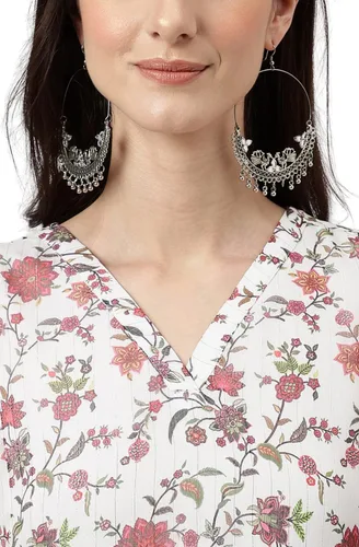 Miniatura 7 de Janasya Vestido acampanado con estampado floral de lúrex de gasa blanca para mujer india